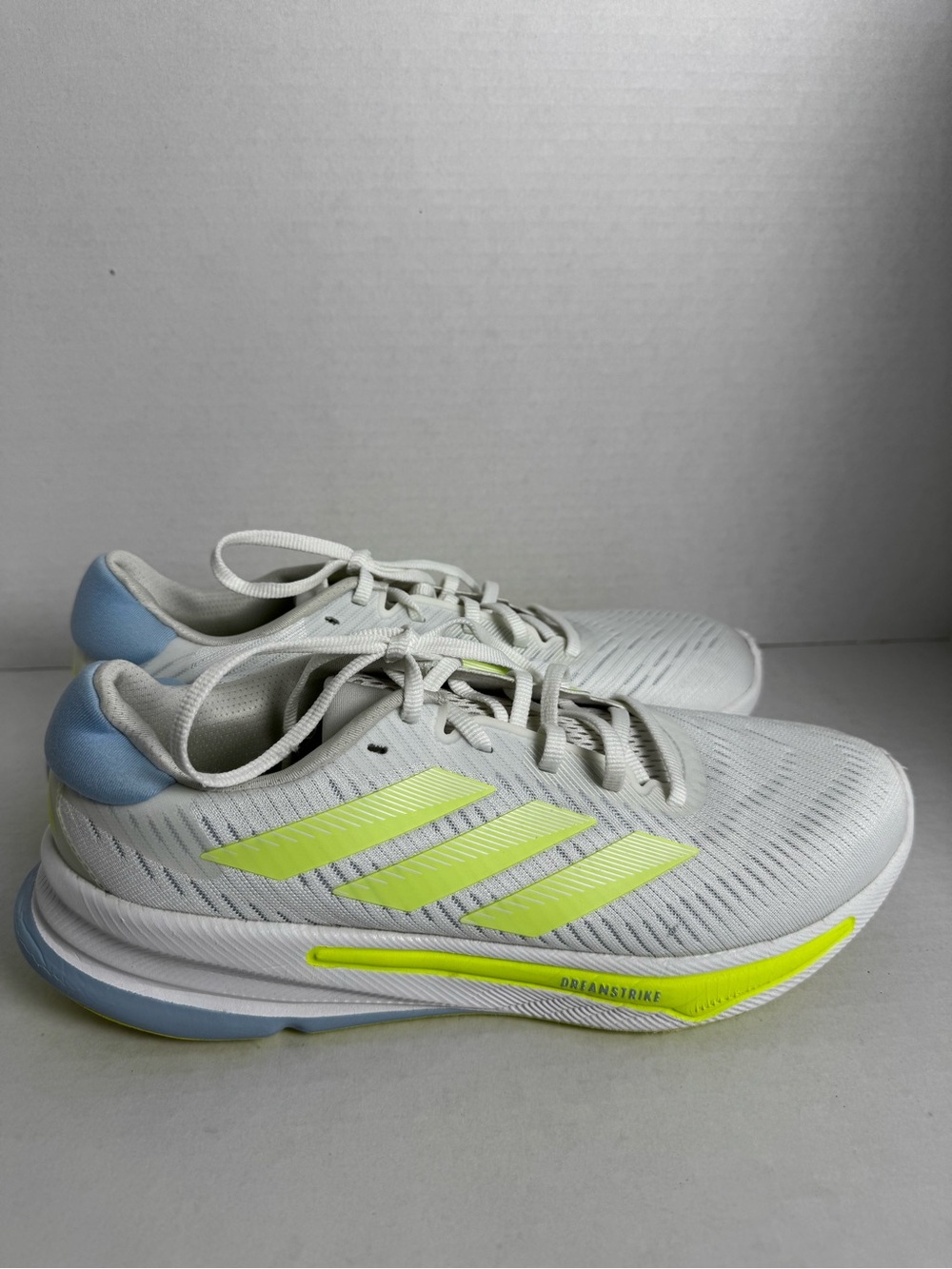 Womens Adida White Running Sneakers with Neon Yellow and Light Blue Accents US 8